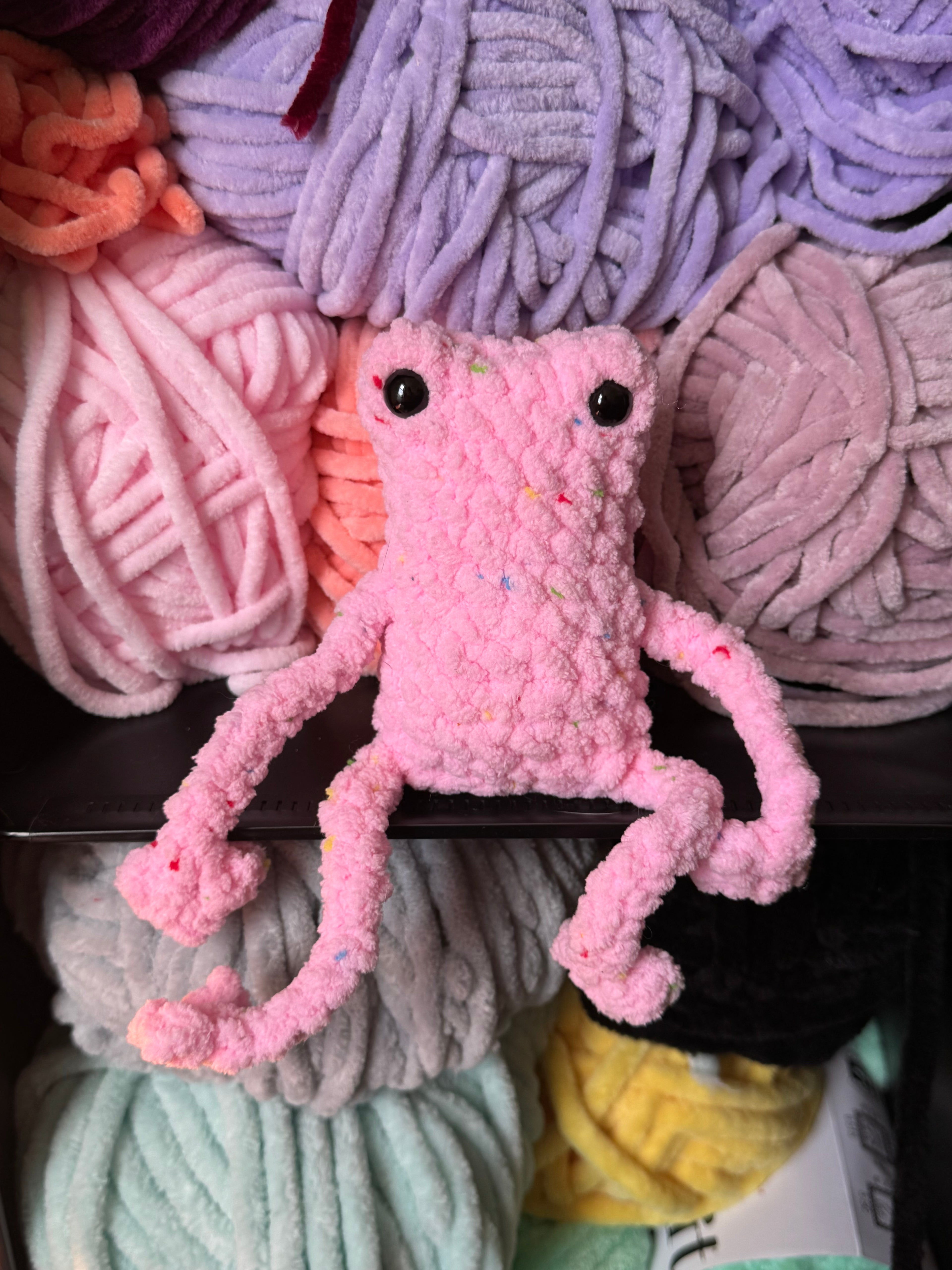 Hand-crocheted pink silly frog