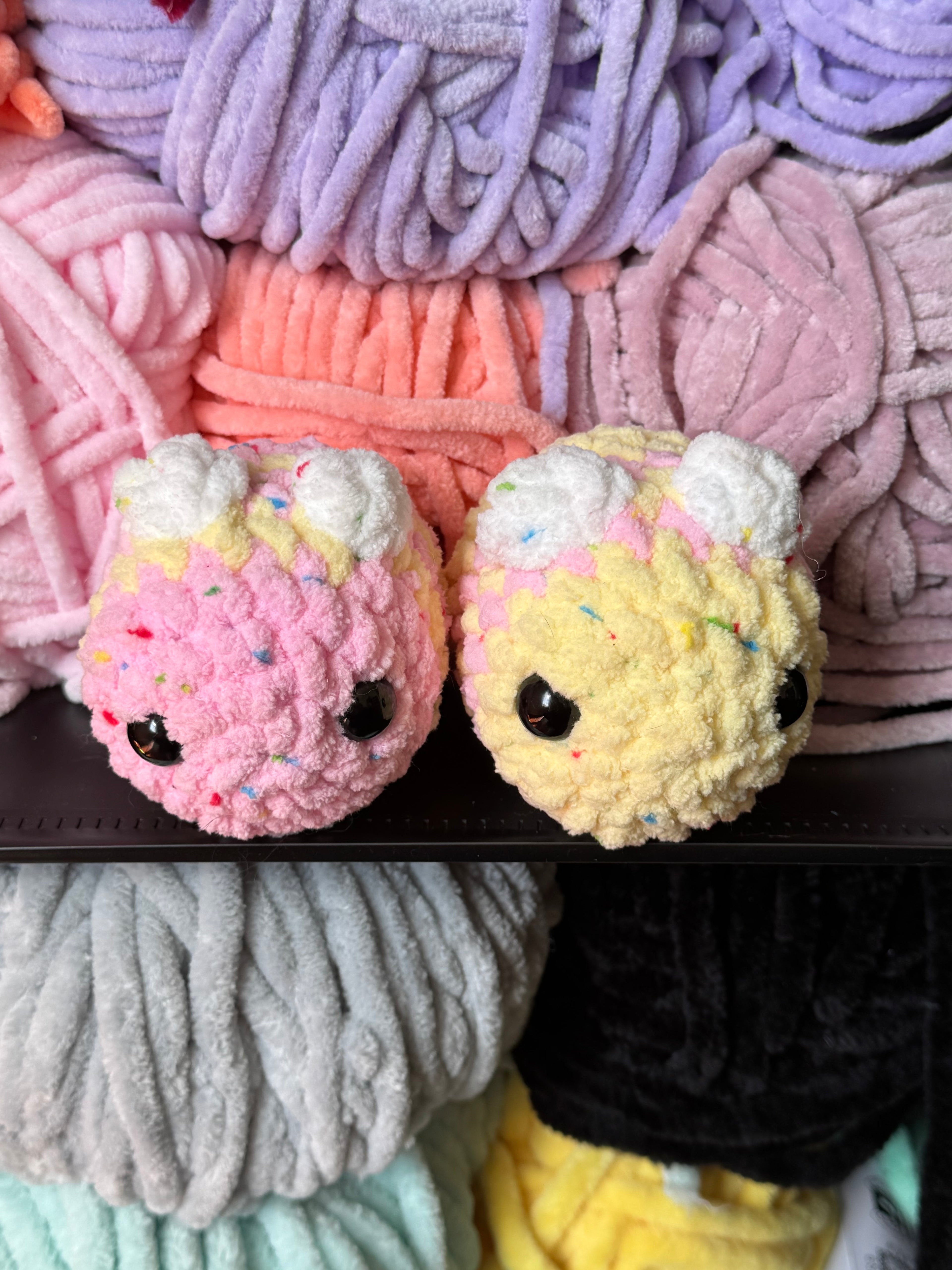 Hand-crocheted confetti bee