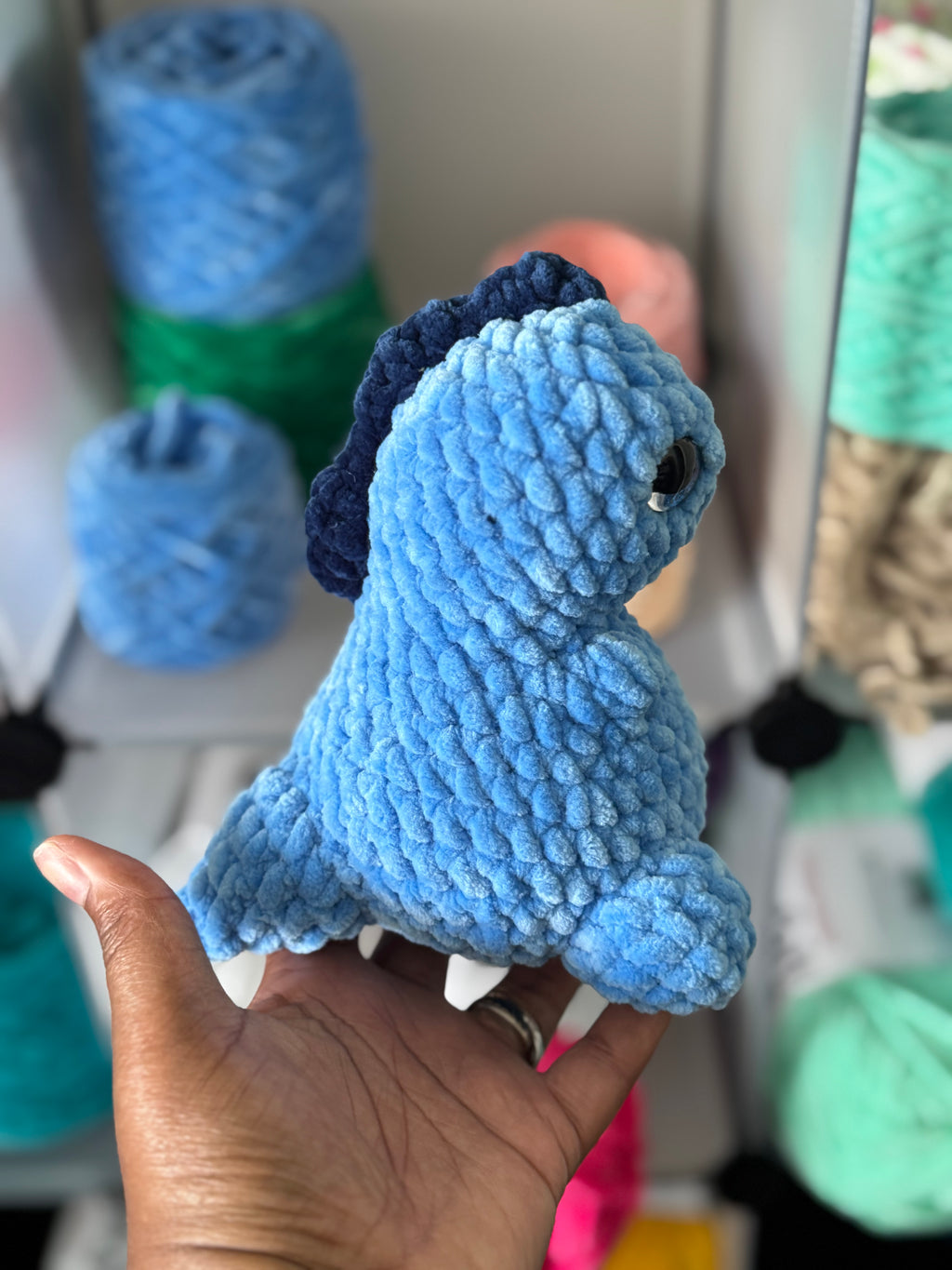 Hand-crocheted blue chonky Dino